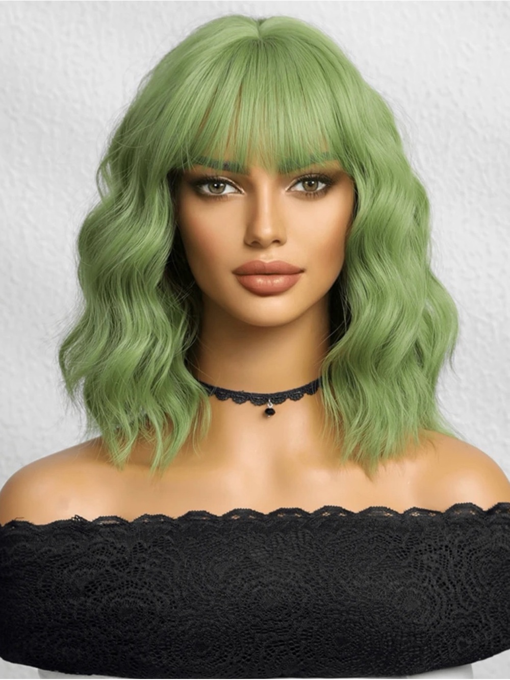 12 Inch Green Short Curly Bangs Synthetic Wig, Beetlejuice Costume